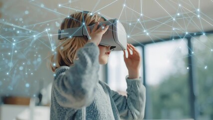 little boy child in VR virtual reality glasses looks, education and modern technologies, learning the future, AI technology, Caucasian race	 - Powered by Adobe