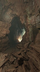 Subterranean cathedral with towering walls and vaulted ceiling, echoing silence and monumental scale creating dramatic perspective for study, contemplation,