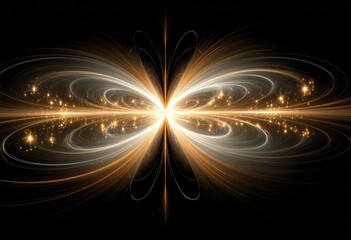 Abstract butterfly-like form, light trails, and stars