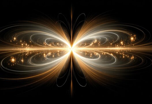 Abstract butterfly-like form, light trails, and stars - Powered by Adobe