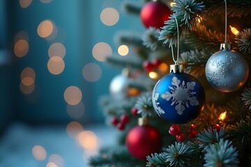 Christmas tree with blue and red ornaments hanging on it with bokeh lights high-quality professional detailed