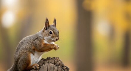 Obraz premium Squirrel on stump in autumn.