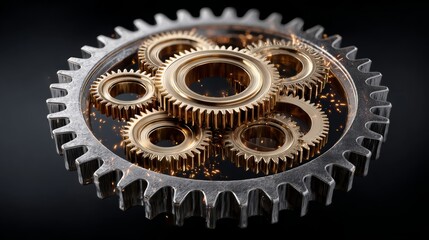 Intricate arrangement of metallic gears showcasing a blend of gold and silver tones, with a backdrop of shimmering sparks, illustrating the mechanics of engineering and innovation in motion