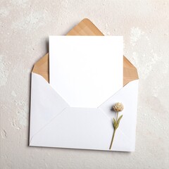A pristine white envelope lies open, revealing a delicate note card adorned with elegant handwriting, accompanied by a vibrant flower, adding a touch of nature.