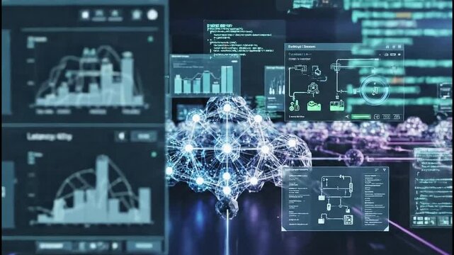 Futuristic digital brain with artificial intelligence, data center, cloud computing, network connections, analytics dashboard, technology, and innovation advanced digital network, data visualization