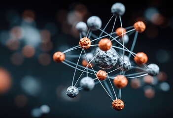 3D model of molecular structure, grey and orange spheres connected by lines
