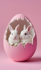  Easter bunny in an eggshell on a pastel backgraund. Gentle spring composition symbolizing Easter.