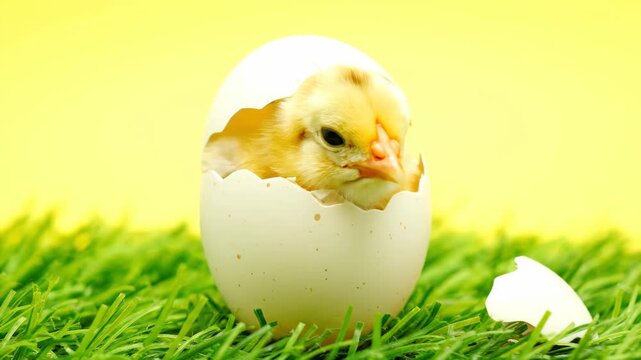 Baby Chick Hatching from Egg in Grass.
