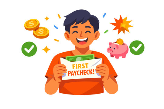 Happy asian teen boy celebrates first paycheck with symbols of savings and success