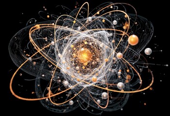 Abstract atomic structure.  A complex, dynamic representation of an atom, featuring orbiting particles connected by glowing lines