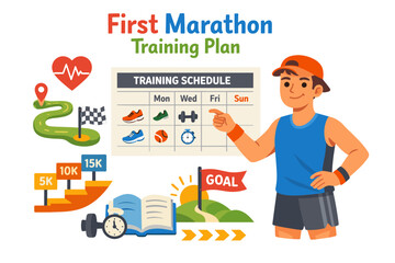 Young male marathon runner training plan with schedule and goal achievements