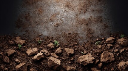 Close-up view of textured soil with scattered rocks and small green plants emerging, showcasing the natural earth environment and the resilience of life in harsh conditions