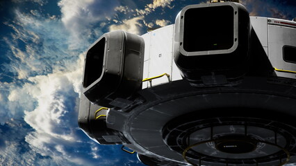 Fototapeta premium experiment lab made of metal and glass, reminiscent of a spaceship, rotating in orbit around the planet. elements furnished by nasa