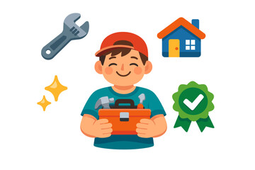 Happy young caucasian male with toolbox and tools icon