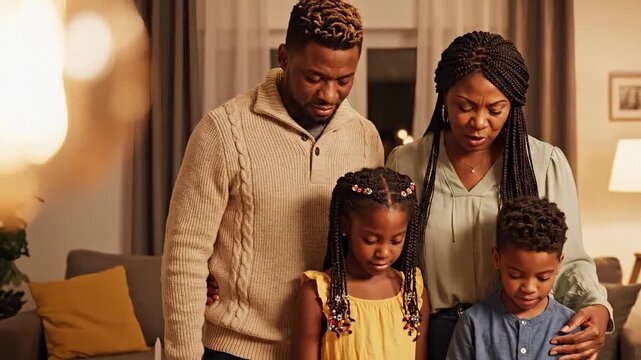 African American family praying together in the living room at night. Parents and children standing close with heads bowed in a moment of faith. Spiritual worship and unity concept