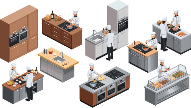 Professional kitchen chef isometric set, restaurant staff cooking at station, catering food preparation, commercial culinary equipment, flat vector illustration