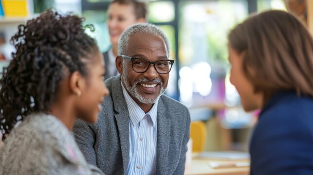 An elderly man and a young woman in a conversation with a third person in the background.