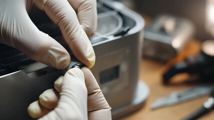 Precision Repair Work: A Close-Up on an Individual Fitting a Component with Gloves, Highlighting the Attention to Detail in Technical Maintenance