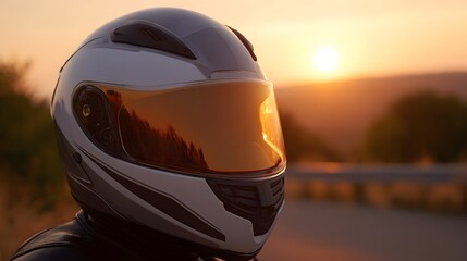 A motorcycle helmet with a golden visor reflects the sunset glow during a scenic ride at golden hour