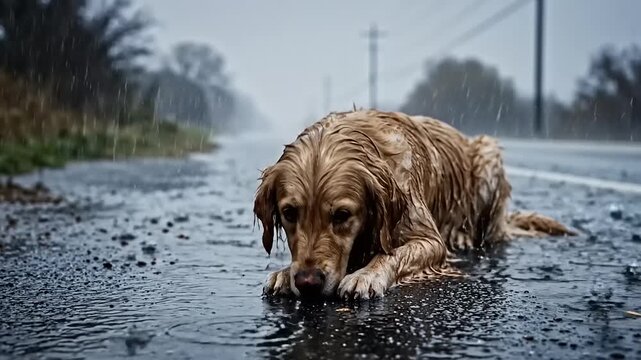 Sad wet dog lying in rain on an empty street
