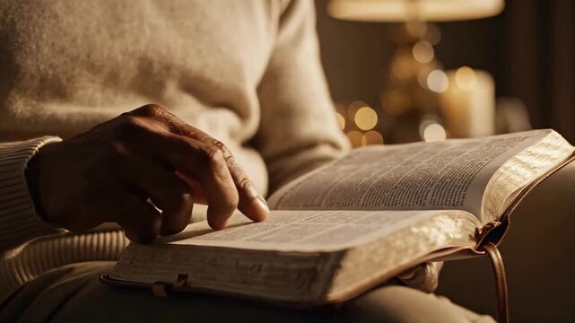 Close-up of an African American man reading the Bible at night. Hands tracing lines of scripture on an open holy book with warm lighting. Religious study and devotion concept