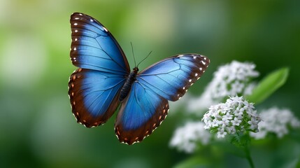 Obraz premium Vibrant blue butterfly gracefully perched on delicate white flowers, surrounded by lush green foliage, showcasing the beauty of nature and the intricate details of its wings in a serene environment