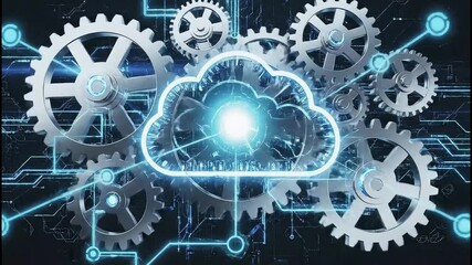 Cloud data center concept featuring interconnected metallic gears, digital network background, glowing cloud icon, and programming code interface, symbolizing technology, innovation, automation - Powered by Adobe