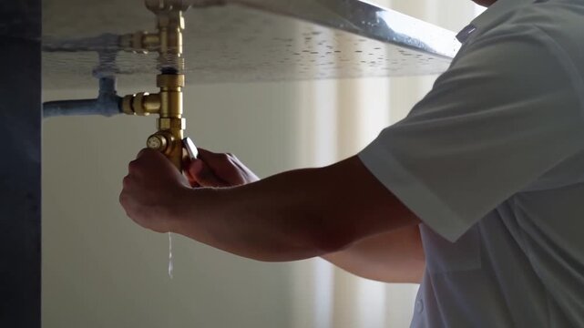 A Skilled Technician Inspects and Repairs a Plumbing Valve Under a Countertop, Ensuring Proper Water Flow and Functionality in a Modern Kitchen Environment