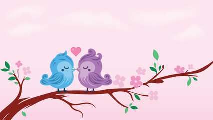 Cute Love Birds Cartoon Illustration on Branch
