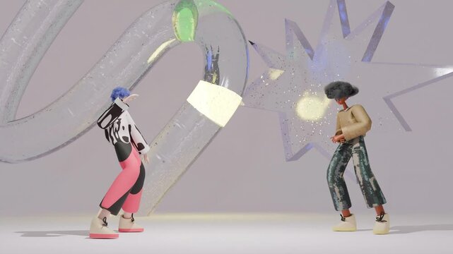 Two girls dancing 3D render cartoon, abstract figures moving on the background