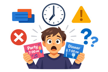 Confused young male choosing between party and dinner plans