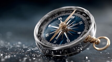 Close-up of a vintage compass resting on a reflective surface, showcasing intricate details and a rich blue background, symbolizing navigation and exploration in a timeless design