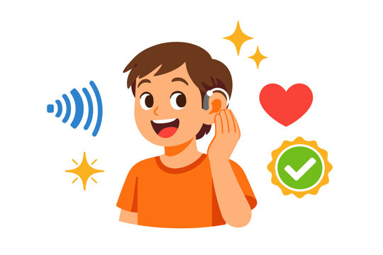 Young caucasian child with hearing aid icon and symbols of sound and approval