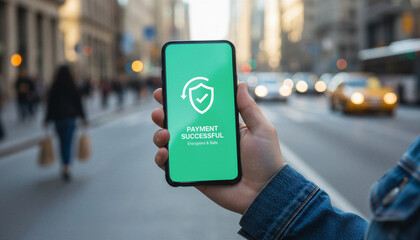 Close-up of a hand holding a smartphone with a "Payment Successful" notification on screen, blurred city street background, secure mobile fintech.