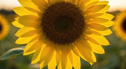 Obraz premium A close-up of a large, bright yellow sunflower with a dark brown center stands out against a blurred background of similar flowers and green leaves