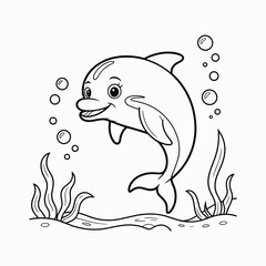 Fototapeta premium Black and white of a smiling dolphin jumping out of the water surrounded by seaweed and bubbles cartoon dolphin.
