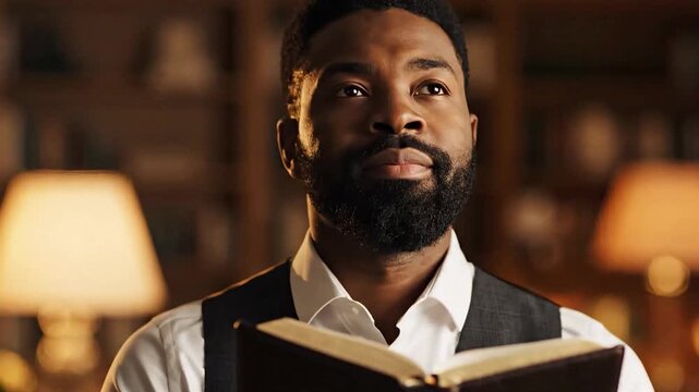 African American man reading a Bible and looking up with hope. Bearded male holding a holy book in a library with warm lighting. Christian faith and spirituality concept