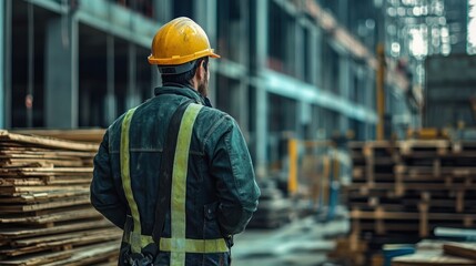 A construction worker in a hard hat and safety jacket, standing in front of a construction site with a pile of wooden pallets and scaffolding.