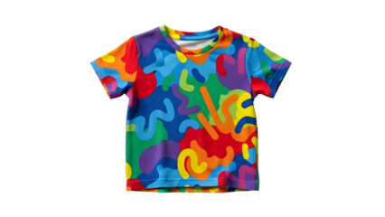 Vibrant colorful toddler kids t-shirt with abstract modern primary color pattern isolated PNG with Transparent Background