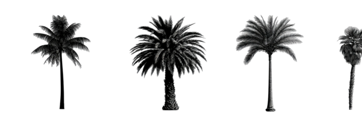 Four stylized grayscale trees, possibly palm trees, isolated on a stark black background