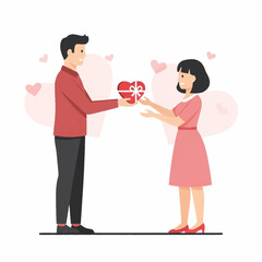 A man in a red shirt giving a heart-shaped gift to a woman in a pink dress, surrounded by floating hearts, symbolizing love and affection.