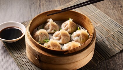 Steaming Bamboo Basket Of Pork Soup Dumplings With Soy Sauce