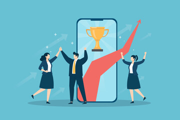 A business team celebrates success and achievement. Features a large smartphone displaying a gold trophy, a rising red growth arrow, and professional people cheering.
