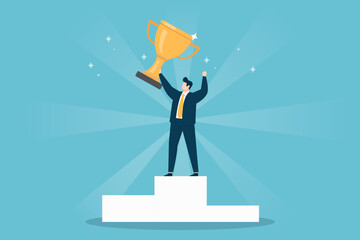 A businessman in a suit stands on the top of a winner podium, holding a large gold trophy. Flat art with light rays on a blue background representing victory and leadership.