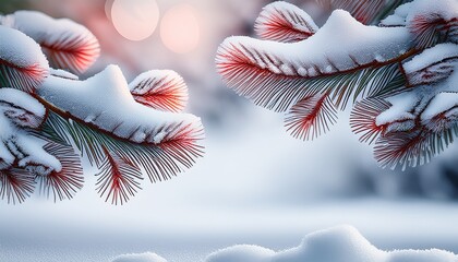 Winter Backdrop With A Branch Of A Pine Tree Covered In Snow Red Fro