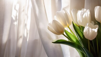 Serene White Tulips Bathed In Sunlight Against A Sheer White Curtain Delicate Petals And Soft Light Creating A Peaceful And Elegant Scene
