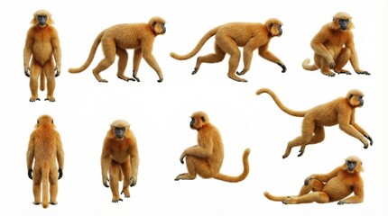 Various poses of golden gibbon monkeys on white background  