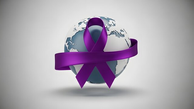Purple ribbon awareness symbol on a textured white background representing hope and support