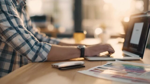Medium shot of a marketer designing a responsive landing page on a laptop focusing on user experience and conversion optimization in a bright workspace.