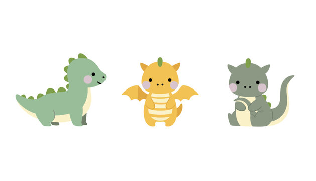 Cute baby dragon character collection featuring different colors and poses including sitting and flying with wings for fantasy and magical themes for kids
